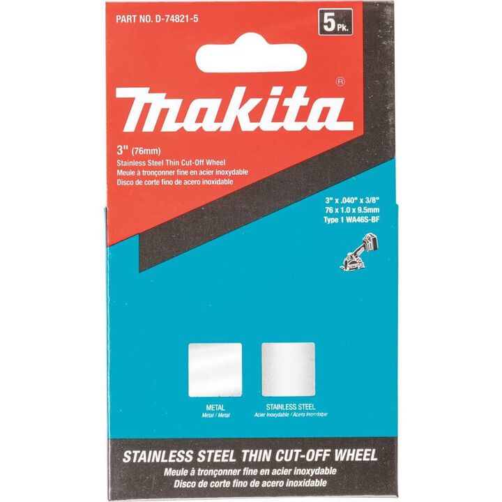 Makita 3" x .040" x 3/8" Type 1 General Purpose 46 Grit Thin CutOff Wheel for Metal and Stainless Steel Cutting, 5/pk, large image number 3