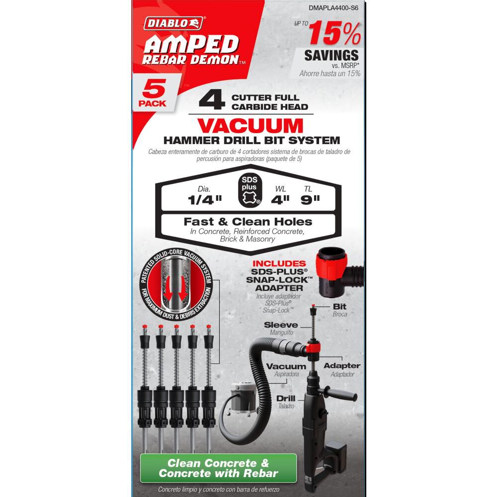 Diablo Tools AMPED Rebar Demon 1/4 Inch x 4 Inch x 9 Inch SDS-Plus 4-Cutter FCH Dust Extraction Hammer Bit, 5 Pack with Snap-Lock Adapter, large image number 5