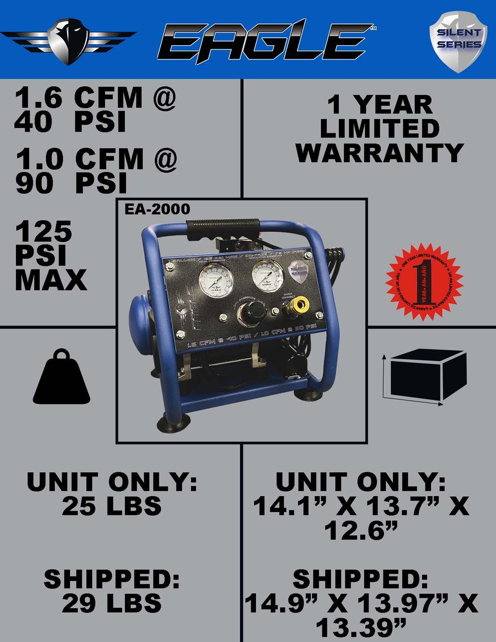 Eagle Compressor Silent Series1 Gallon Portable Electric Air Compressor, large image number 8