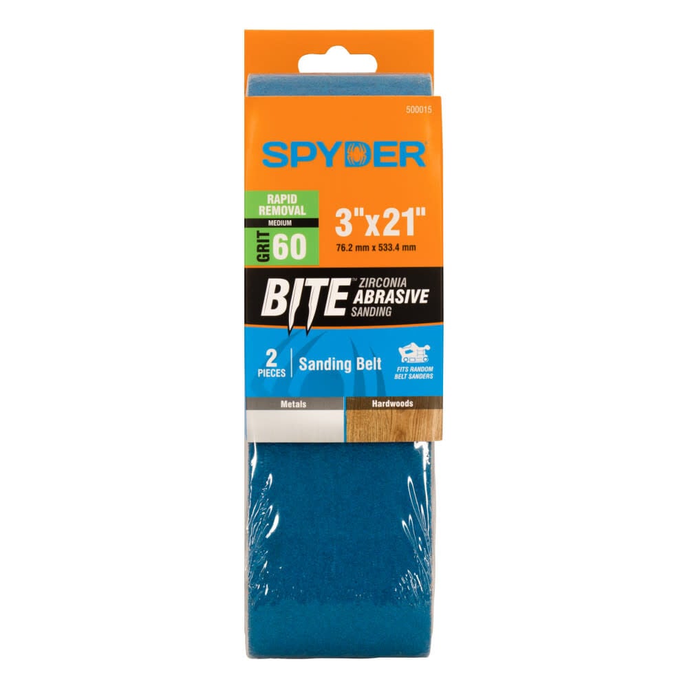 Spyder 3 x 21 Inch Sanding Belt, 60 Grit Zirconia, Metal, Wood, 2 Pieces - 500015