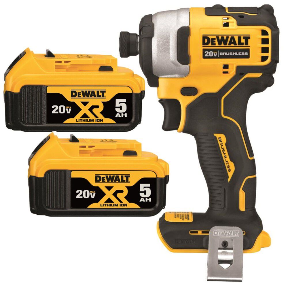 DEWALT 20V Max Brushless Atomic Compact 1/4 Inch Impact Driver & 20V Max XR 5Ah Battery 2 Pack Bundle, large image number 1