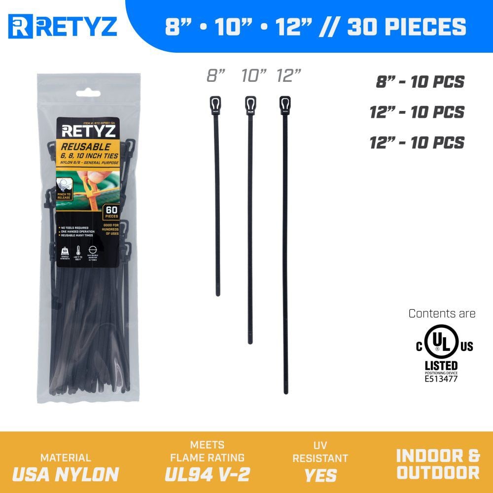 RETYZ EveryTie 50 Lbs Reusable Cable Tie Length Variety Pack Black 30 Pieces, large image number 2