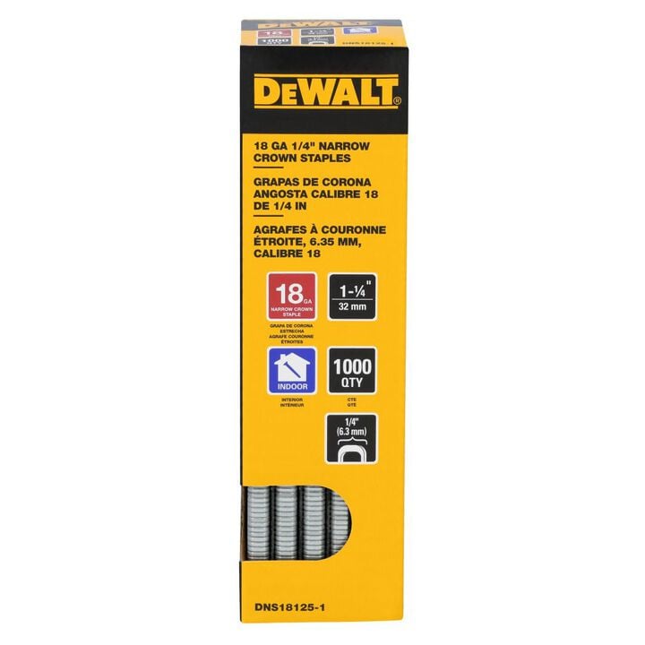 DEWALT 1-1/4 Inch 18 Gauge 1/4 Inch Narrow Crown Finish Staples, 1000 Pieces, large image number 1