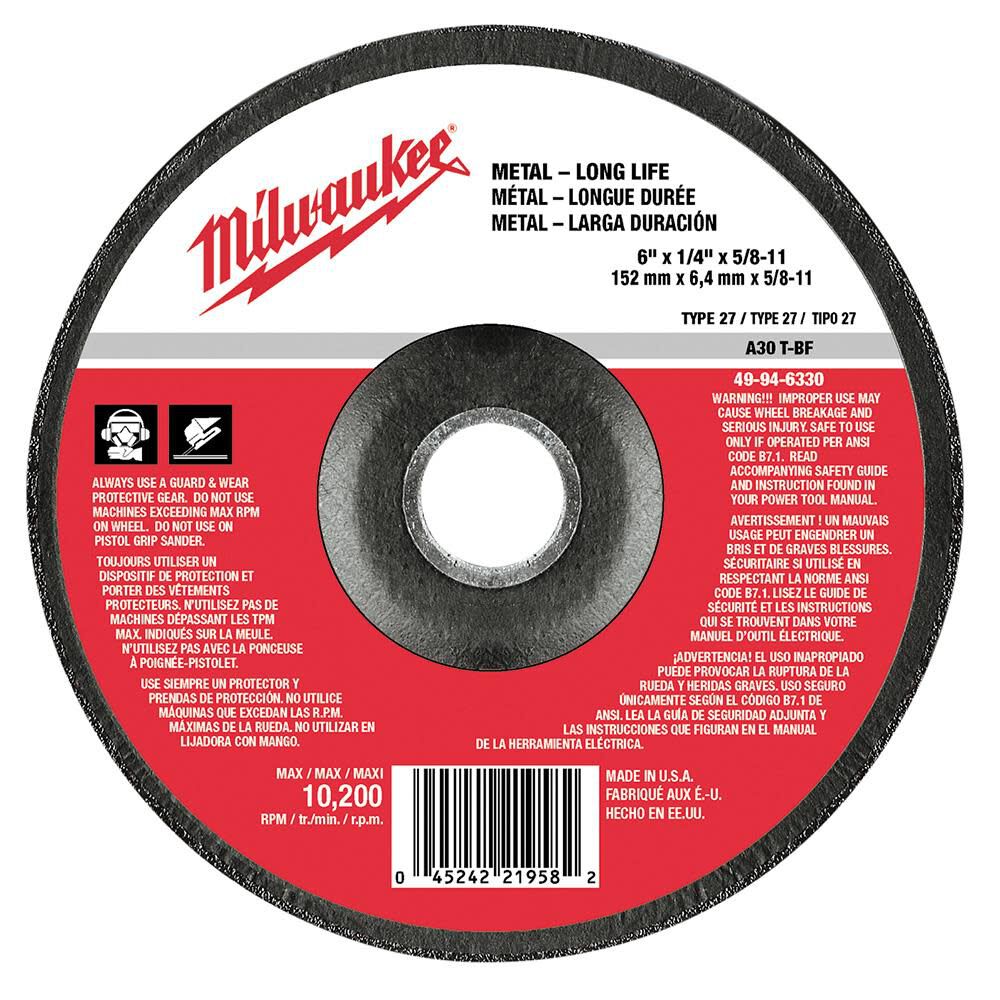Milwaukee 6 in. x 1/4 in. x 5/8-11 in. Grinding Wheel (Type 27) 49-94-6330  - Acme Tools