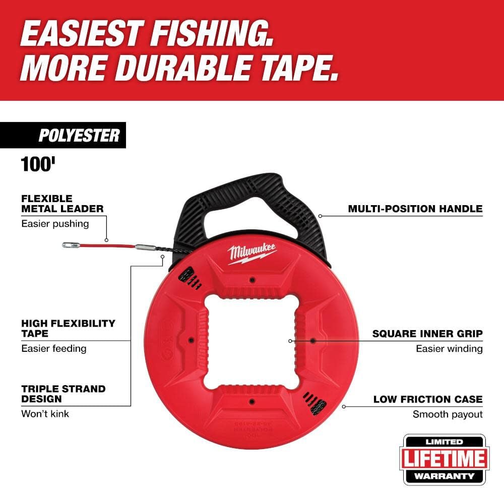 Milwaukee 100 Ft Polyester Fish Tape With Flexible Metal Leader 48 22 4195 - Image 2