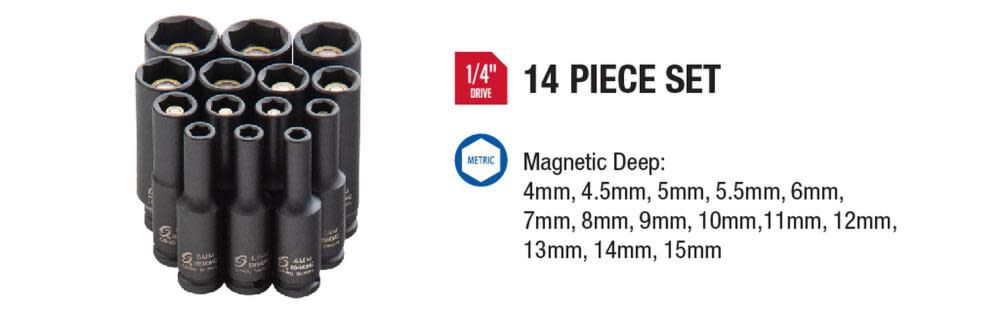 Sunex 14 pc. 1/4 In. Drive Deep Metric Magnetic Impact