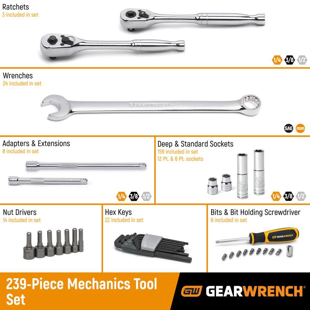 GEARWRENCH 239 Piece Mechanics Tool Set in 3 Drawer Storage Box 80942