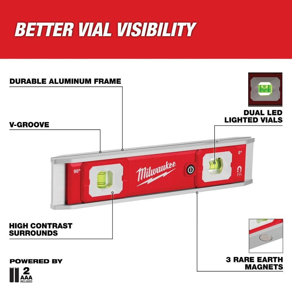 Milwaukee 9 Inch Torpedo Level with Lighted Vials, large image number 2