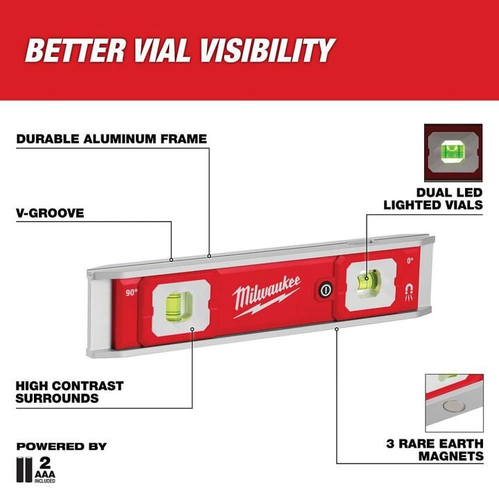 Milwaukee 9 Inch Torpedo Level with Lighted Vials, large image number 1