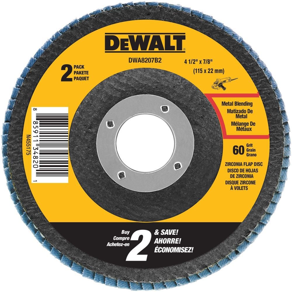 DEWALT 4-1/2 Inch x 7/8 Inch Zirconia T29 Flap Discs, 60 Grit, 2 Pieces, large image number 1