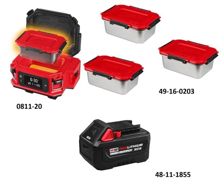 Milwaukee M18 Jobsite Lunch Warmer (Bare Tool) with PACKOUT Compatibility, REDLITHIUM HIGH OUTPUT XC5 Battery and 3 Stainless Steel Container Bundle, large image number 1