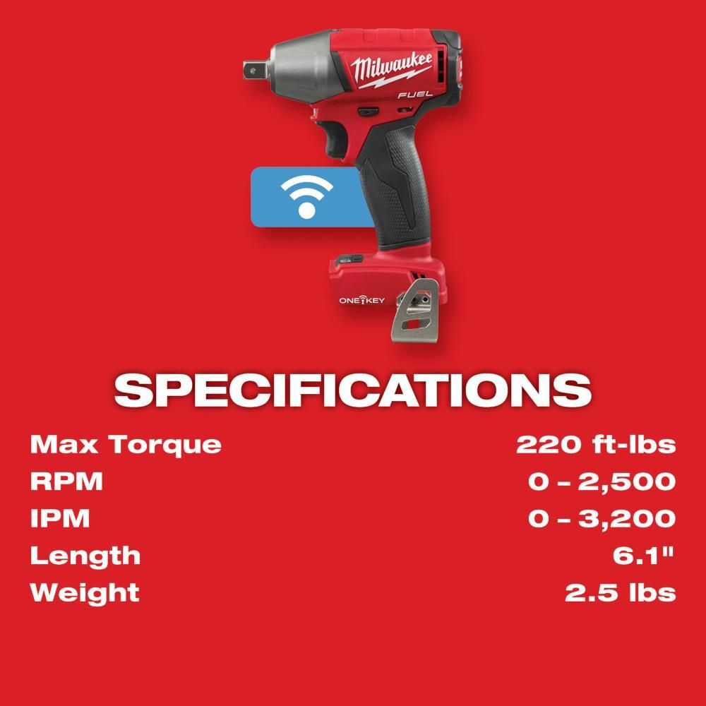 Milwaukee M18 FUEL 1/2 in. Compact Impact Wrench with Pin Detent with ONE-KEY (Bare Tool), large image number 7