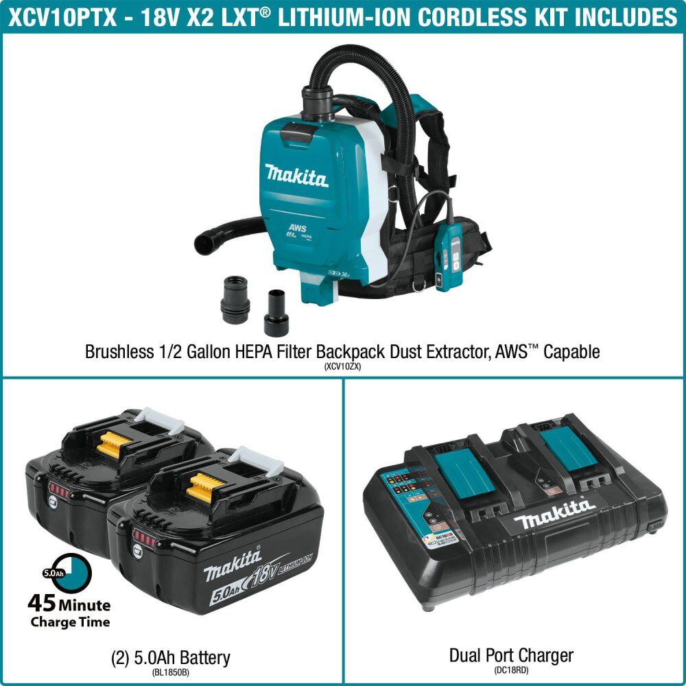Makita 18V X2 (36V) LXT 1/2 Gallon HEPA Backpack Dry Dust Extractor Kit, large image number 2