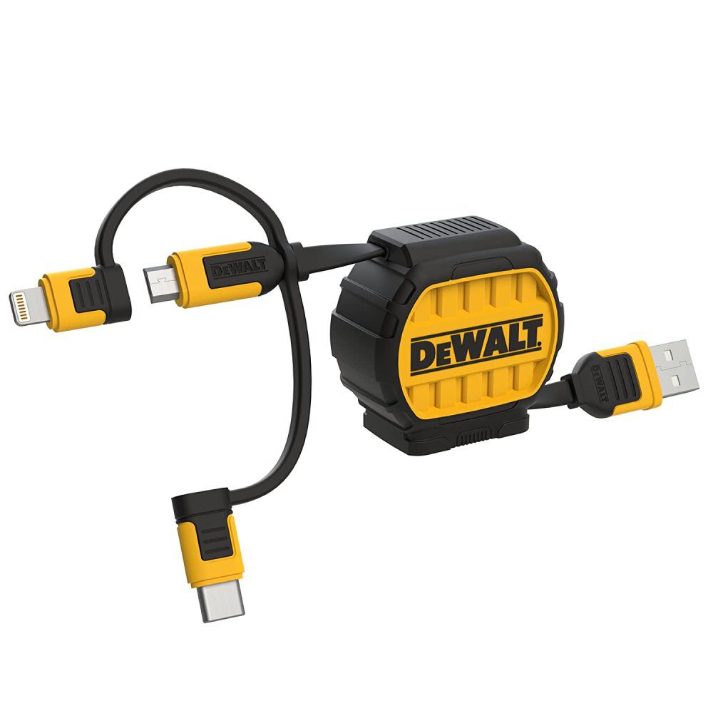DEWALT USB to Micro to Type C Retractable 3-in-1 Phone Cord Black/Yellow – 131 1364 DW2