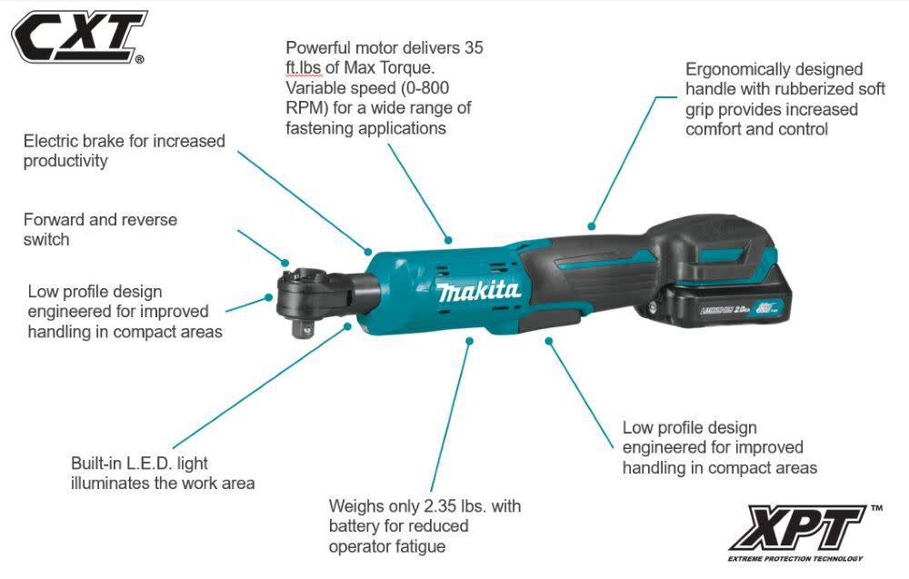 Makita 12V max CXT 3/8in & 1/4in Sq Drive Ratchet Kit, large image number 2