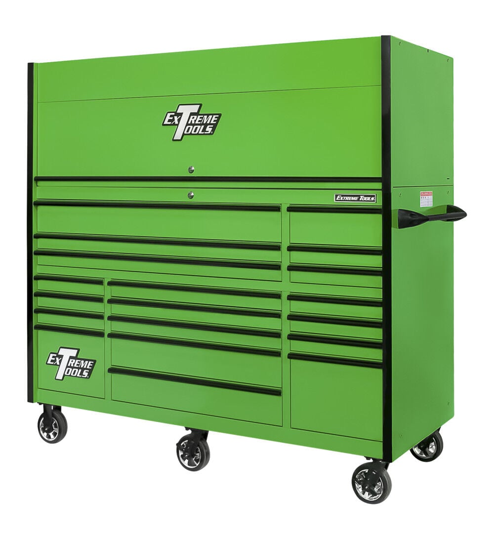 This Extreme Tools Professional Hutch and 19-Drawer Roller Cabinet Combo creates a convenient, organized work space in your shop. The hutch includes