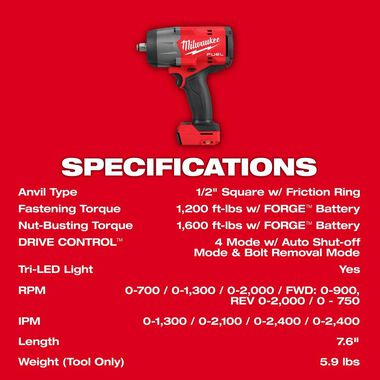 Milwaukee M18 FUEL 1/2 in High Torque Impact Wrench with Friction Ring (Bare Tool), large image number 7