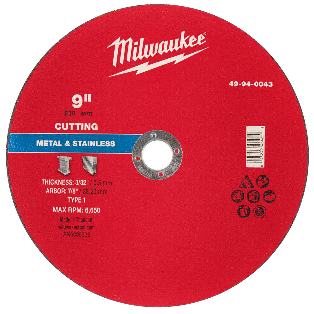 Milwaukee 9 Inch x 3/32 Inch x 7/8 Inch Metal Cut Off Wheel Type 1, large image number 1