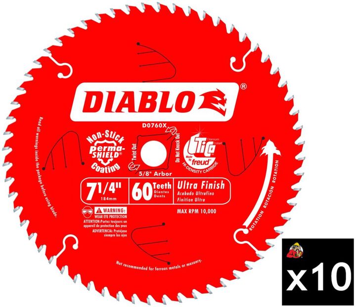 Diablo Tools 7-1/4 inch x 60 Tooth ATB Ultra Finish Circular Saw Blade with 5/8 inch Diamond Arbor 10 Pack
