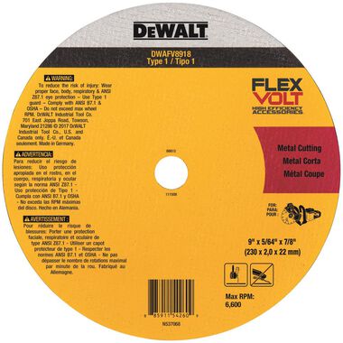 DEWALT 9 In. x 5/64 In. x 7/8 T1 FLEXVOLT Cutoff Wheel
