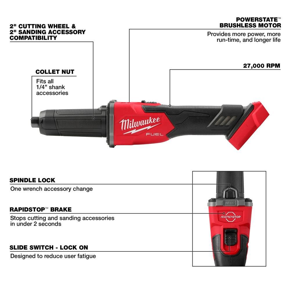 Milwaukee M18 FUEL Braking Die Grinder Slide Switch Bare Tool