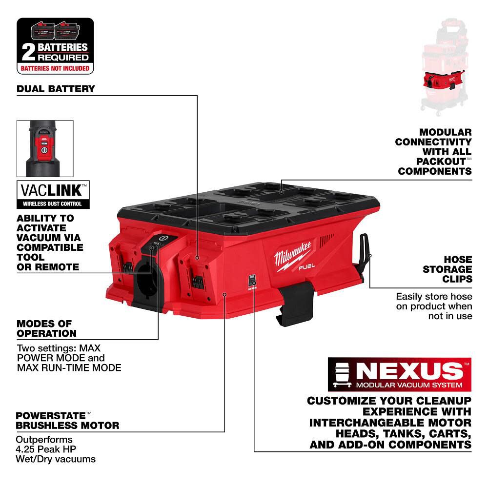 Milwaukee M18 FUEL NEXUS Dual Battery Wet/Dry Vacuum Motor Head with PACKOUT Compatibility and VACLINK (Bare Tool), large image number 5