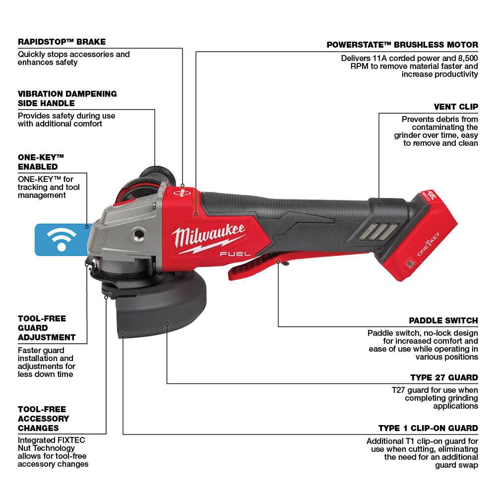 Milwaukee M18 FUEL 4-1/2 Inch / 5 Inch Braking Grinder with ONE-KEY Paddle Switch No Lock Reconditioned (Bare Tool), large image number 3