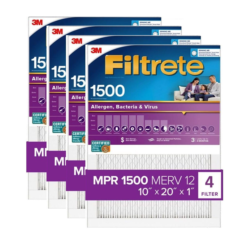3M 10 Inch x 20 Inch 1500 MPR MERV 12 Allergen Air Filter – 4 Pack – 4415659-4 Pack