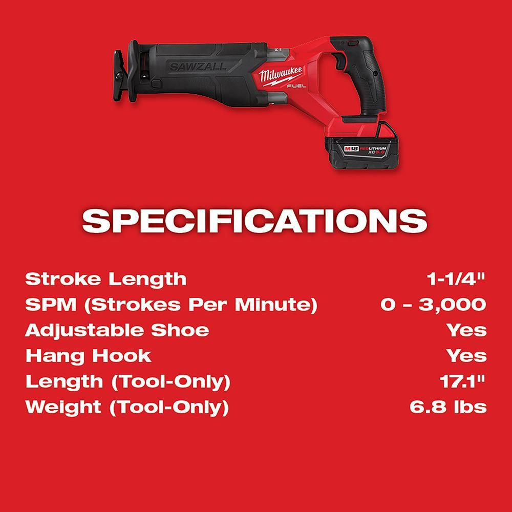 Milwaukee M18 FUEL SAWZALL Reciprocating Saw - 1 Battery XC5.0 Kit, large image number 8