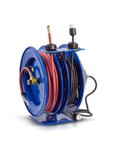 Coxreels Hose Reel 3/8in x 50' Dual Purpose Spring Rewind 300PSI & Single Industrial Receptacle 50' Cord 16 AWG