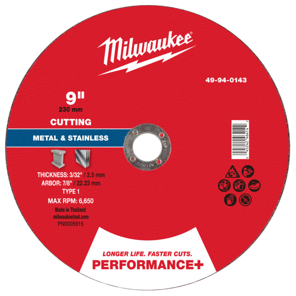 Milwaukee 9 Inch x 3/32 Inch x 7/8 Inch Performance+ Metal Cut Off Wheel Type 1, large image number 1