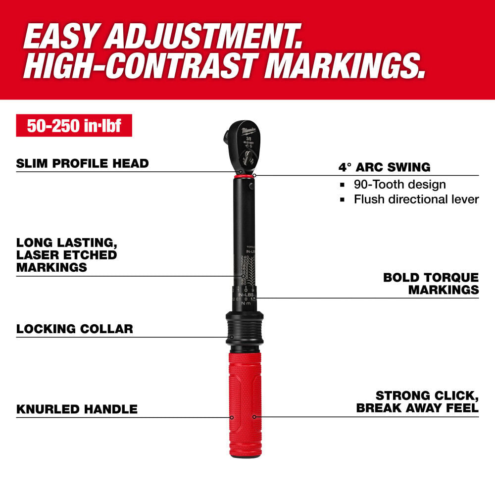 Milwaukee 3/8 Inch Drive Click Torque Wrench 50-250 Inch-Lbs, large image number 2