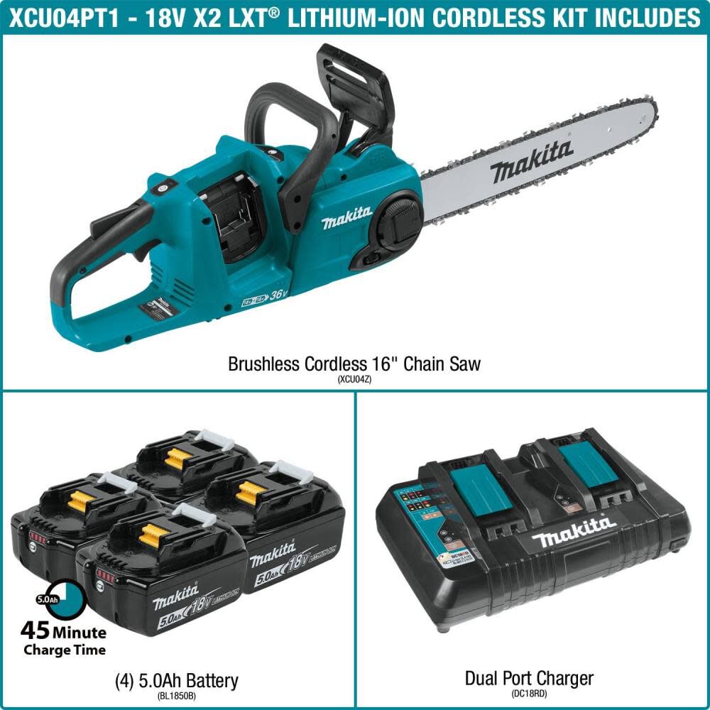 Makita 18V X2 36V LXT Lithium Ion Brushless Cordless 16in Chain Saw Kit with 4 Batteries 5.0Ah XCU04PT1 Acme Tools