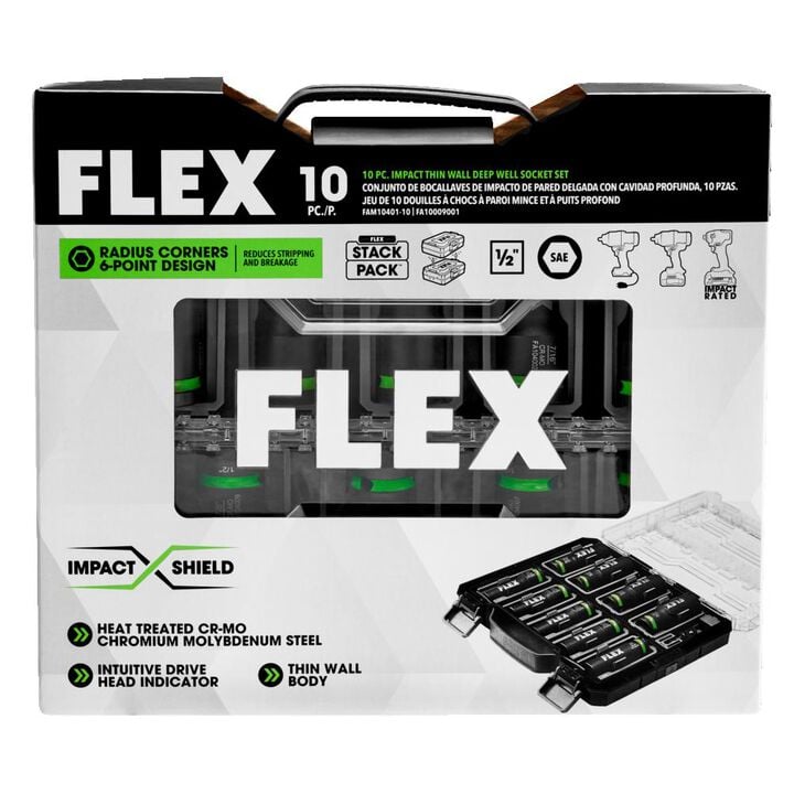 FLEX Impact Nut Socket Set Thin Wall Deep Well 1/2in Drive 10pc