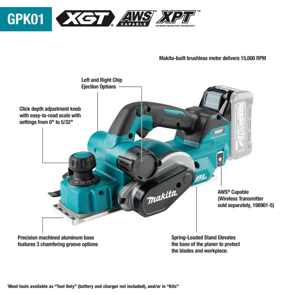 Makita 40V max XGT Cordless 3 1 4in Planer Kit AWS Capable GPK01M1 Acme Tools