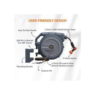 Giraffe Tools 1/2 Inch x 130 Foot Dark Grey Garden Hose Reel with PP Bracket, large image number 7