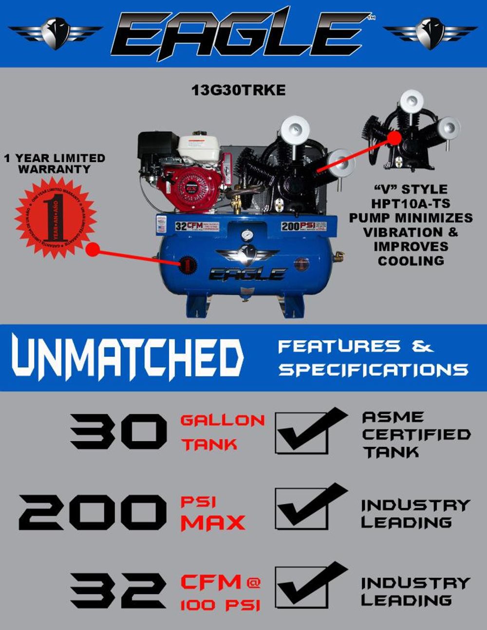 Eagle Compressor 30 Gallon Stationary Gas Air Compressor, large image number 3