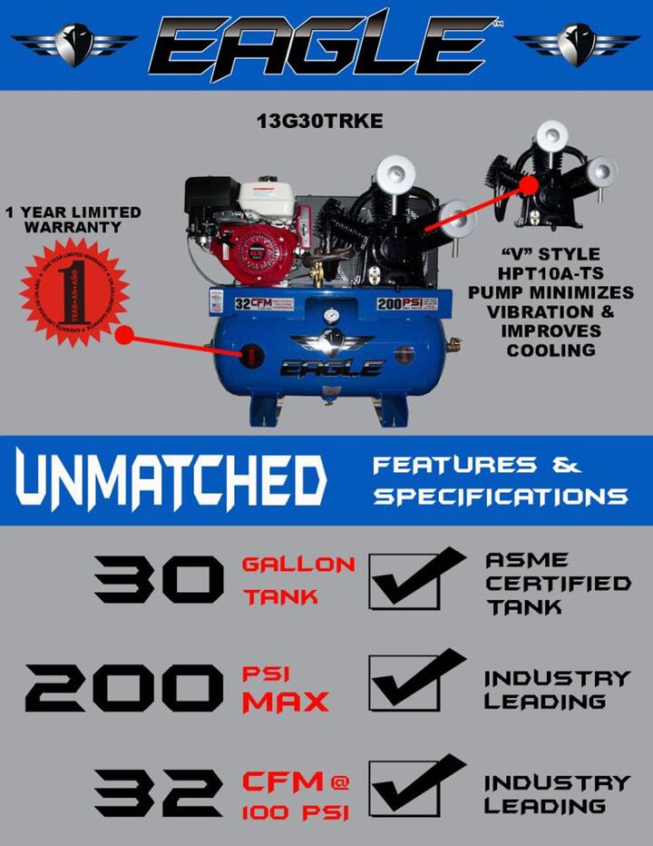 Eagle Compressor 30 Gallon Stationary Gas Air Compressor, large image number 2