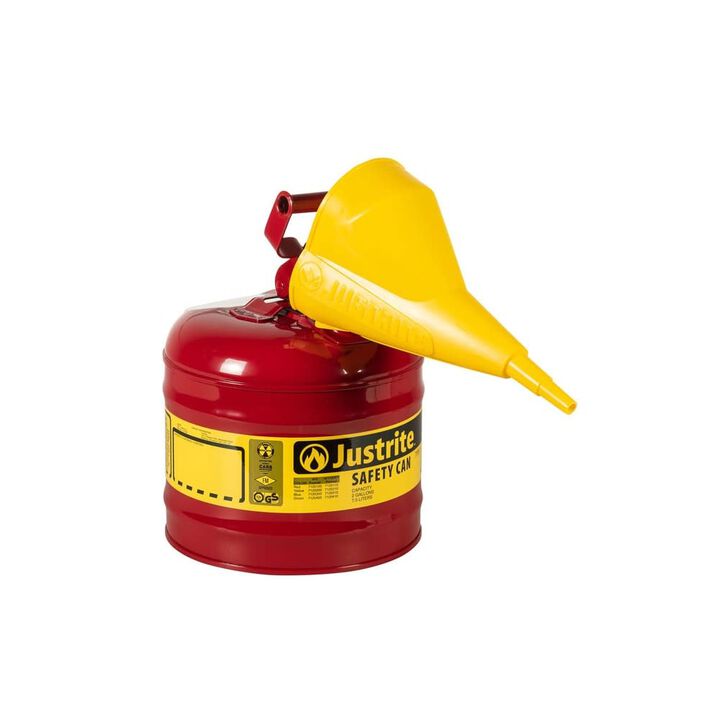 Justrite 2 Gal Steel Safety Red Gas Can Type I with Flame Arrester & Funnel, large image number 0