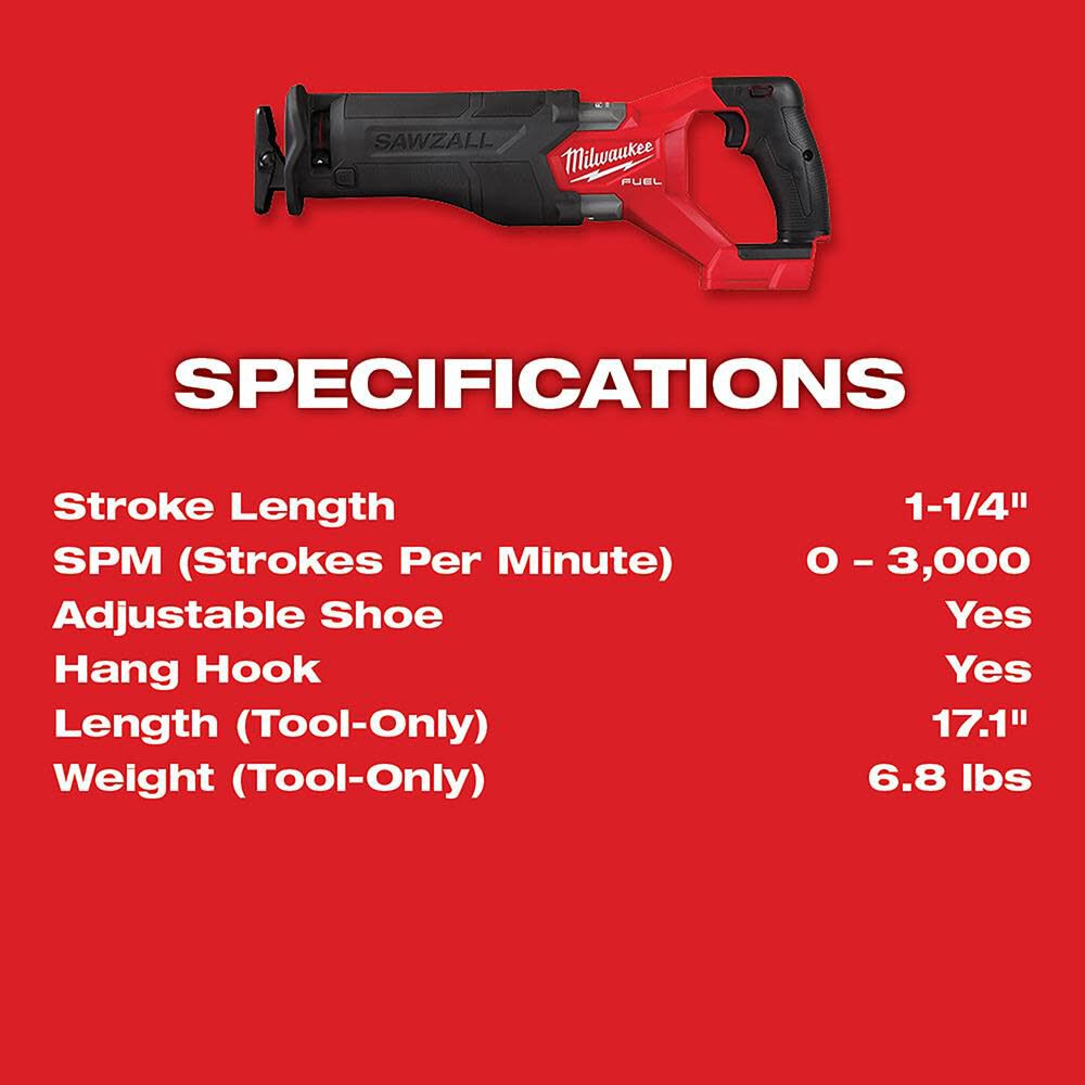 Milwaukee M18 FUEL SAWZALL Reciprocating Saw (Bare Tool) & 12-Piece SAWZALL Blade Set Bundle, large image number 7