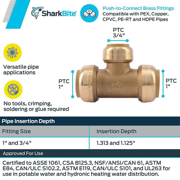 Sharkbite 1 x 1 x 3/4in Push to Connect Brass Reducing Tee, large image number 4