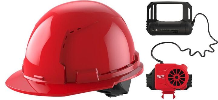 Milwaukee Red Front Brim Vented Hard Hat with 4pt Ratcheting Suspension Type 1 Class C & BOLT Cooling Fan Bundle