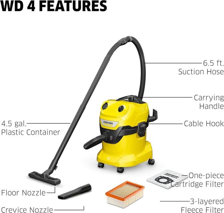 Karcher WD 4 120V 1100W 152 CFM Wet or Dry Vacuum, large image number 2
