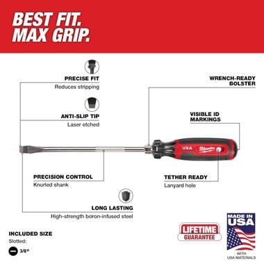 Milwaukee 3/8inch Slotted 8inch Cushion Grip Screwdriver (USA), large image number 2