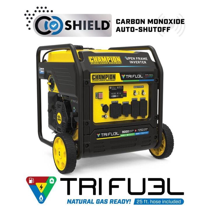 Champion Power Equipment 9000-Watt Electric Start Tri Fuel 49 State Home Backup Portable Open Frame Inverter Generator with Quiet Technology