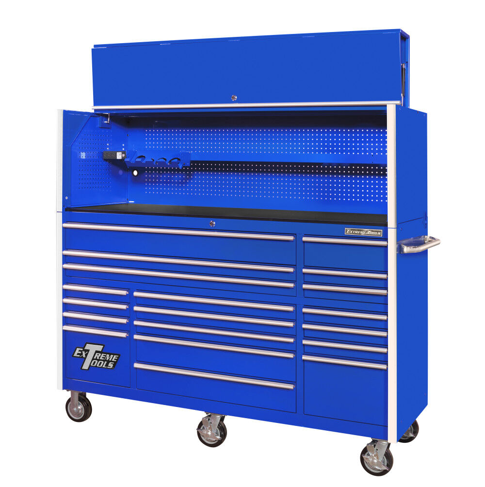 Extreme Tools RX Series 72 Inch W x 25 Inch D Professional Extreme Power Workstation Hutch & 19 Drawer Roller Cabinet 150 lbs Slides Combo Blue with Chrome Drawer Pulls, large image number 1