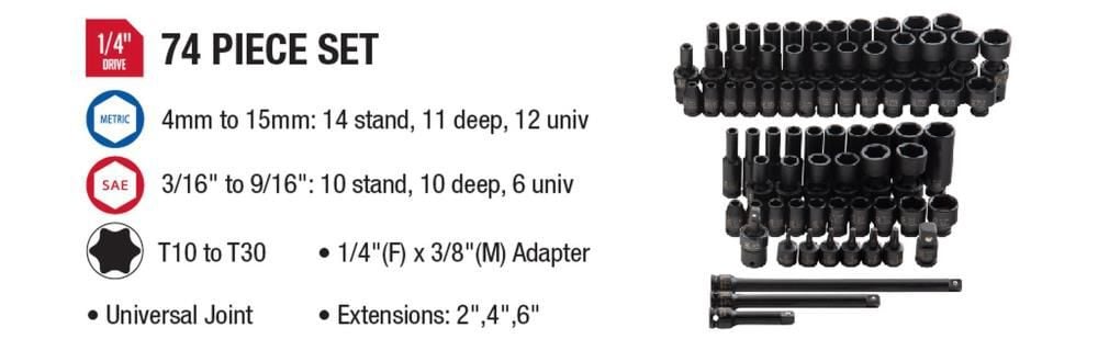 Sunex 74 pc. 1/4 In. Drive SAE & Metric Master Impact Socket Set, large image number 7