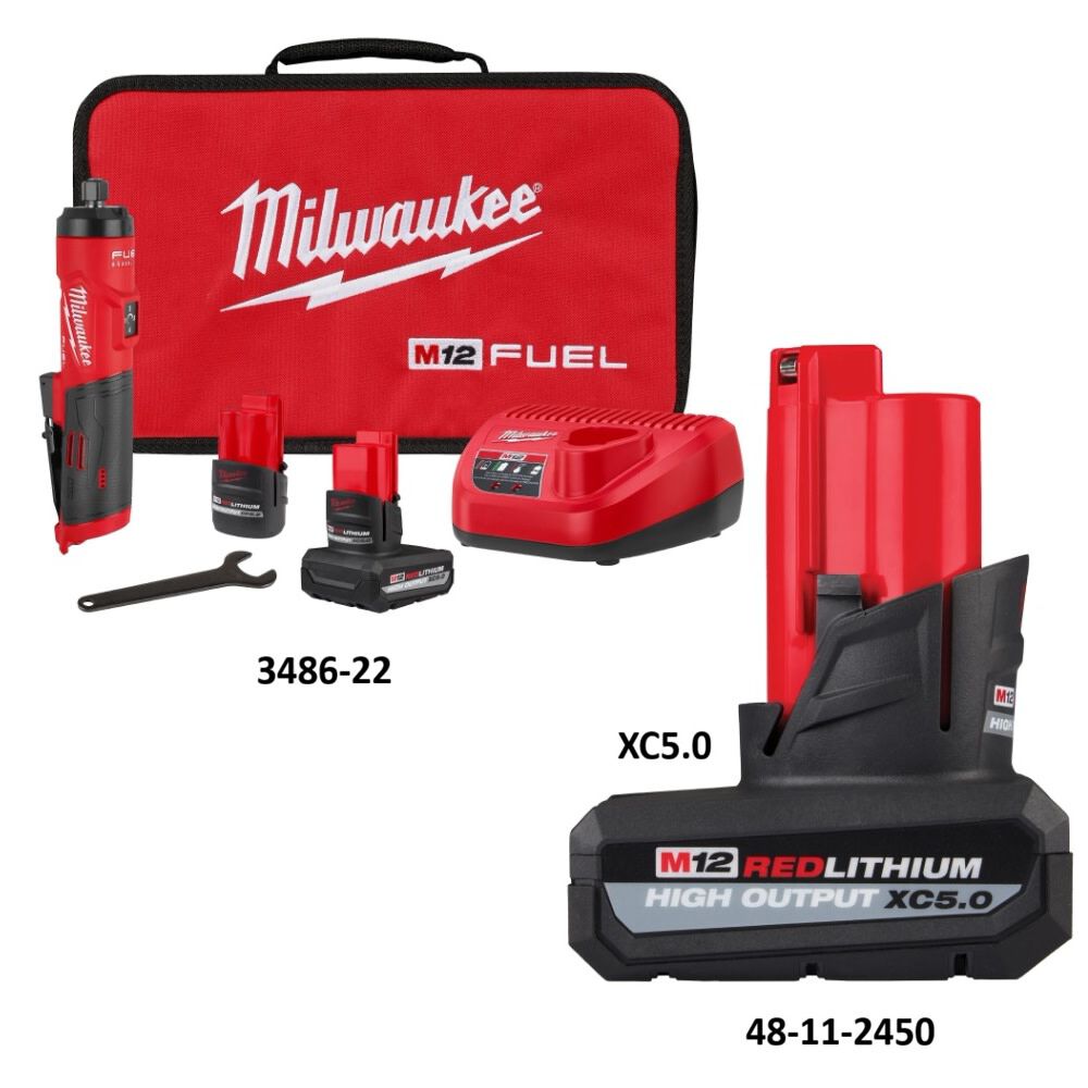 Milwaukee M12 FUEL 1/4 Inch Die Grinder Kit and M12 REDLITHIUM XC 12V 5Ah Lithium Ion Power Tool Battery Pack Bundle, large image number 2