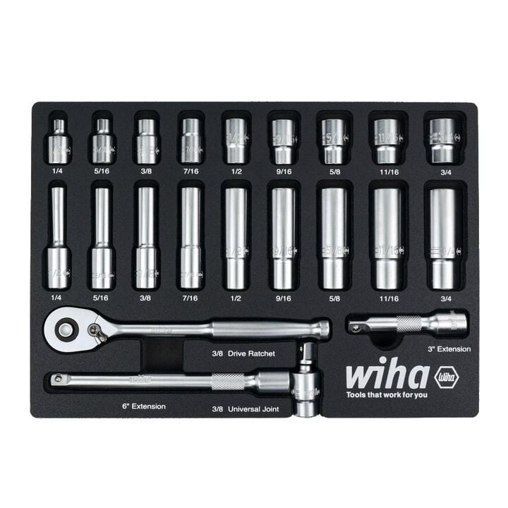 Wiha 3/8 Inch Drive Professional Standard & Deep Socket Tray Set, SAE, 22 Pieces