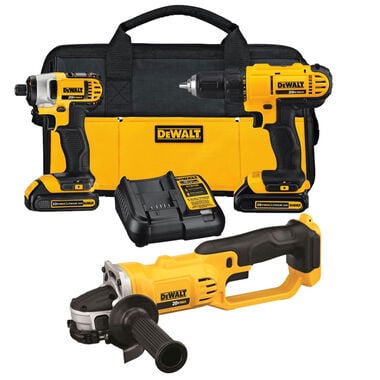 DEWALT 20V 1/4in Impact Driver, 1/2in Drill/Driver & 4-1/2in Cut-Off Tool Combo Kit Bundle